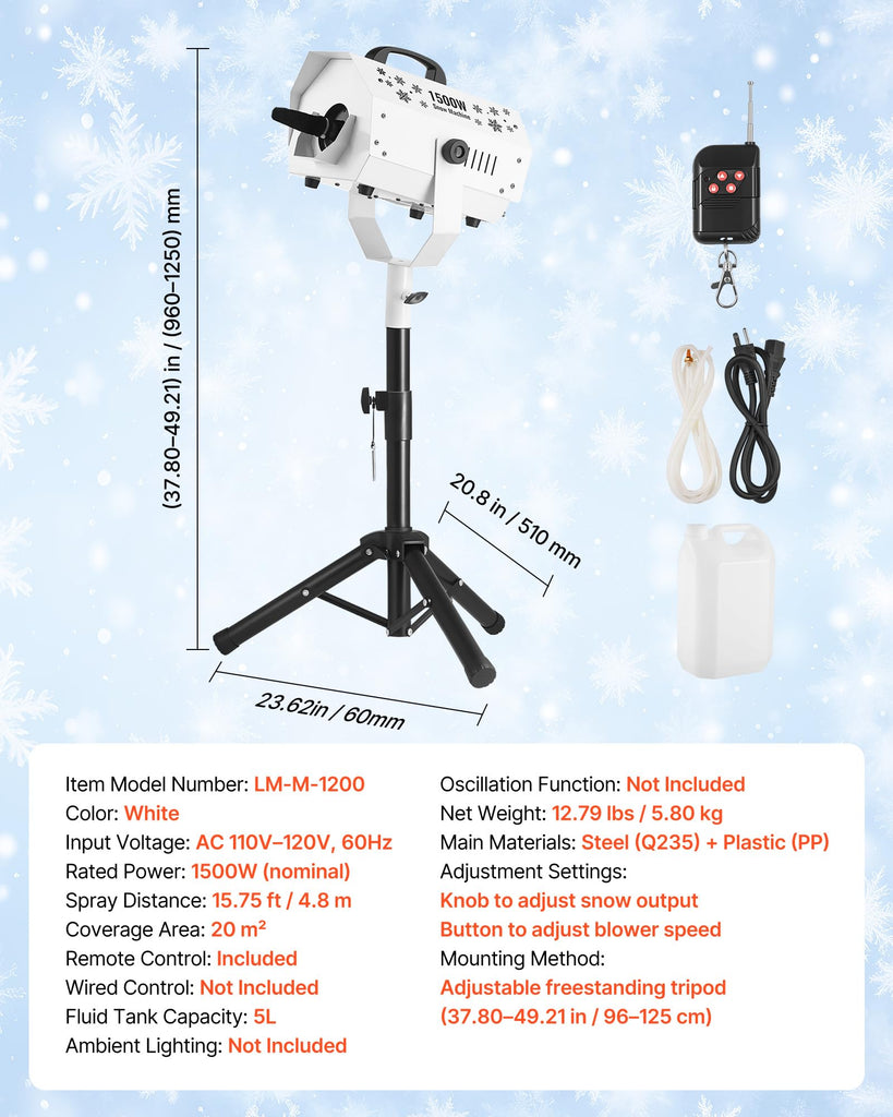 Snow Machine, 1500W Snow Maker Machine with Height Adjustable Stand and Wireless Remote Control, High Output Portable