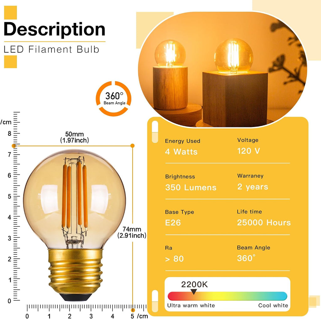 Dimmable G16.5 Amber LED light Bulb 40 Watt,E26 Vintage Edison Light Bulb