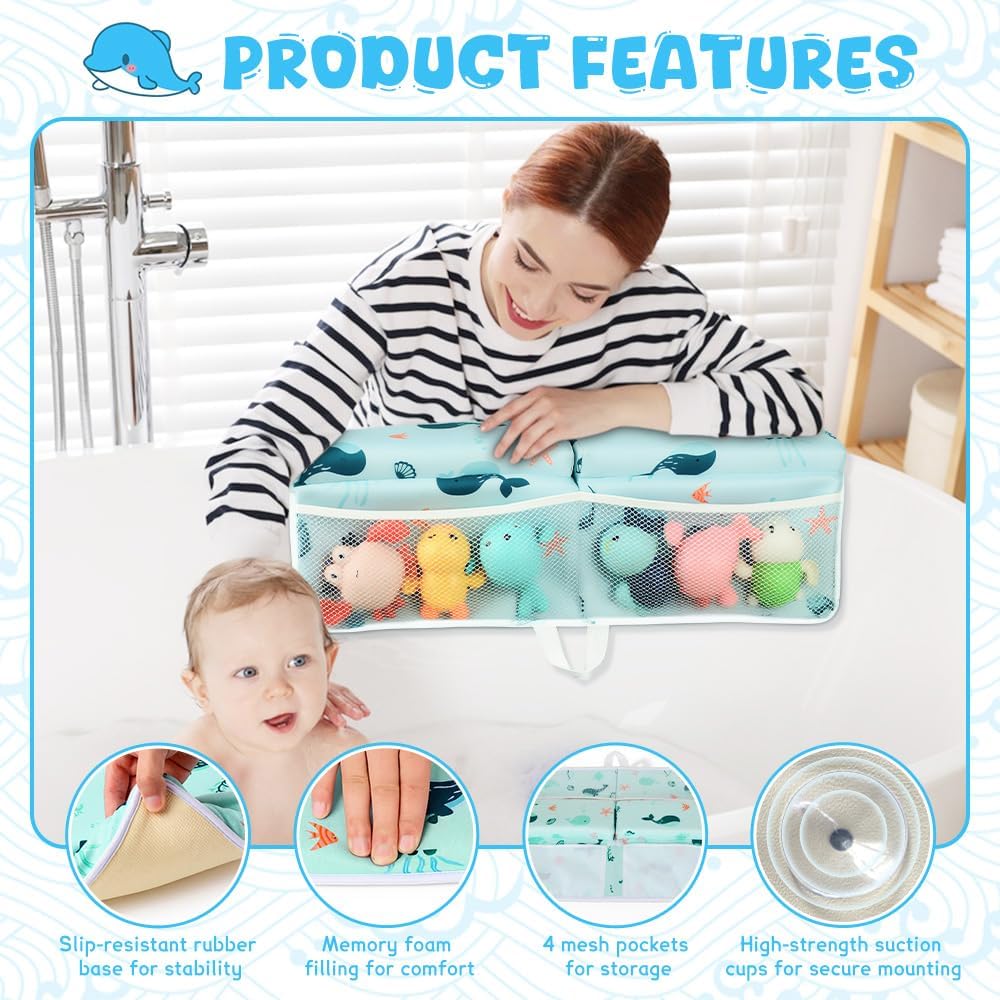 Bath Kneeler and Elbow Rest Pad Set,1.5" Thick Baby Bath Kneeler Pads with Toys Organizer, Pads to Support The Arm