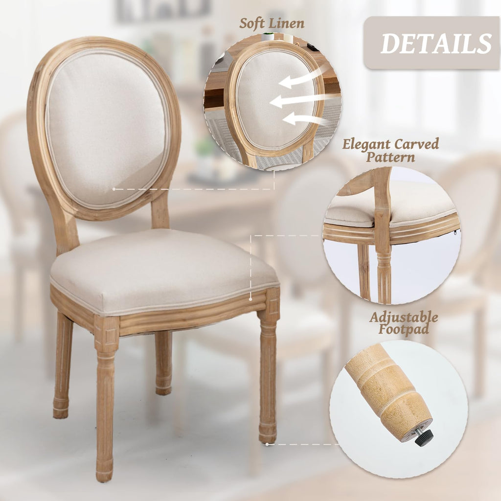 French Country Dining Chairs Set of 4, Farmhouse Upholstered Dining Room Chairs with Round Back&Solid Leg, Mid-Century