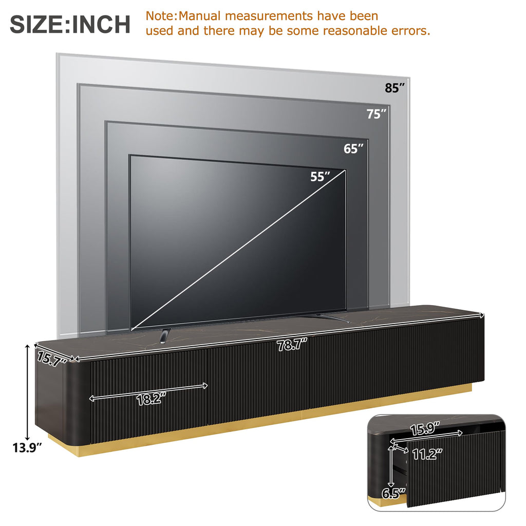 Modern Fluted TV Stand for TVs up to 85", Faux Marble Top, Black
