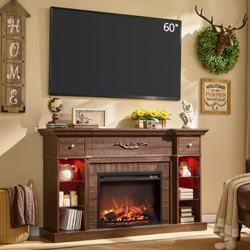 54" Farmhouse Electric for 60 Inch TV, 33" Tall LED Entertainment Center w/7 Color, Open Adjustable Shelves &
