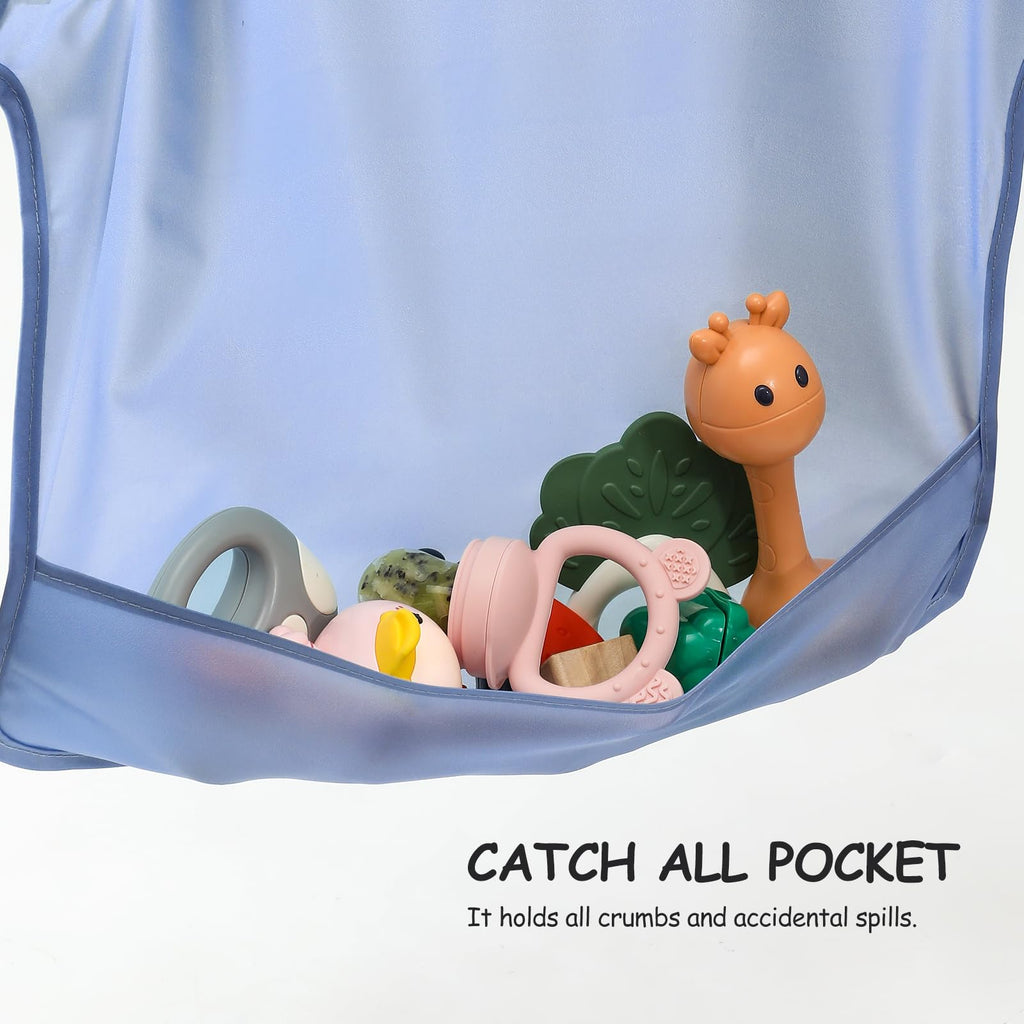 5 Pack Long Sleeve Bib, Reusable Bib with Catch-all Pocket, Waterproof Sleeved Smock for 6-30 Months Baby Boy or Girl