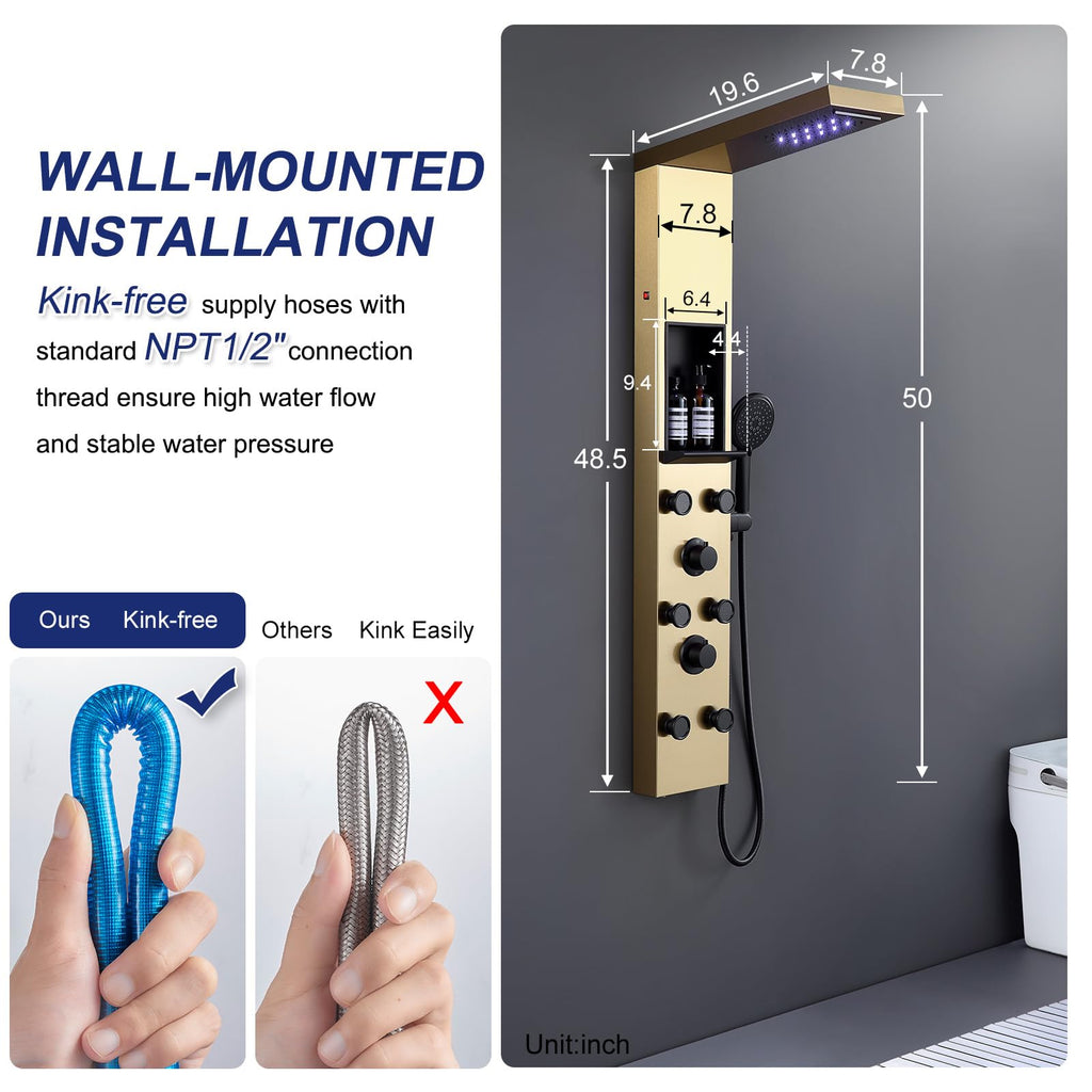 LED Shower Panel with Shelf and 6 Adjustable Body Jets, Gold