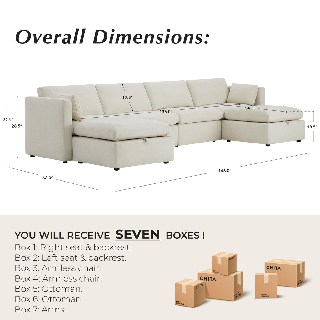146" Modular Sectional Sofa, 6 Seat Modular Couch, Linen