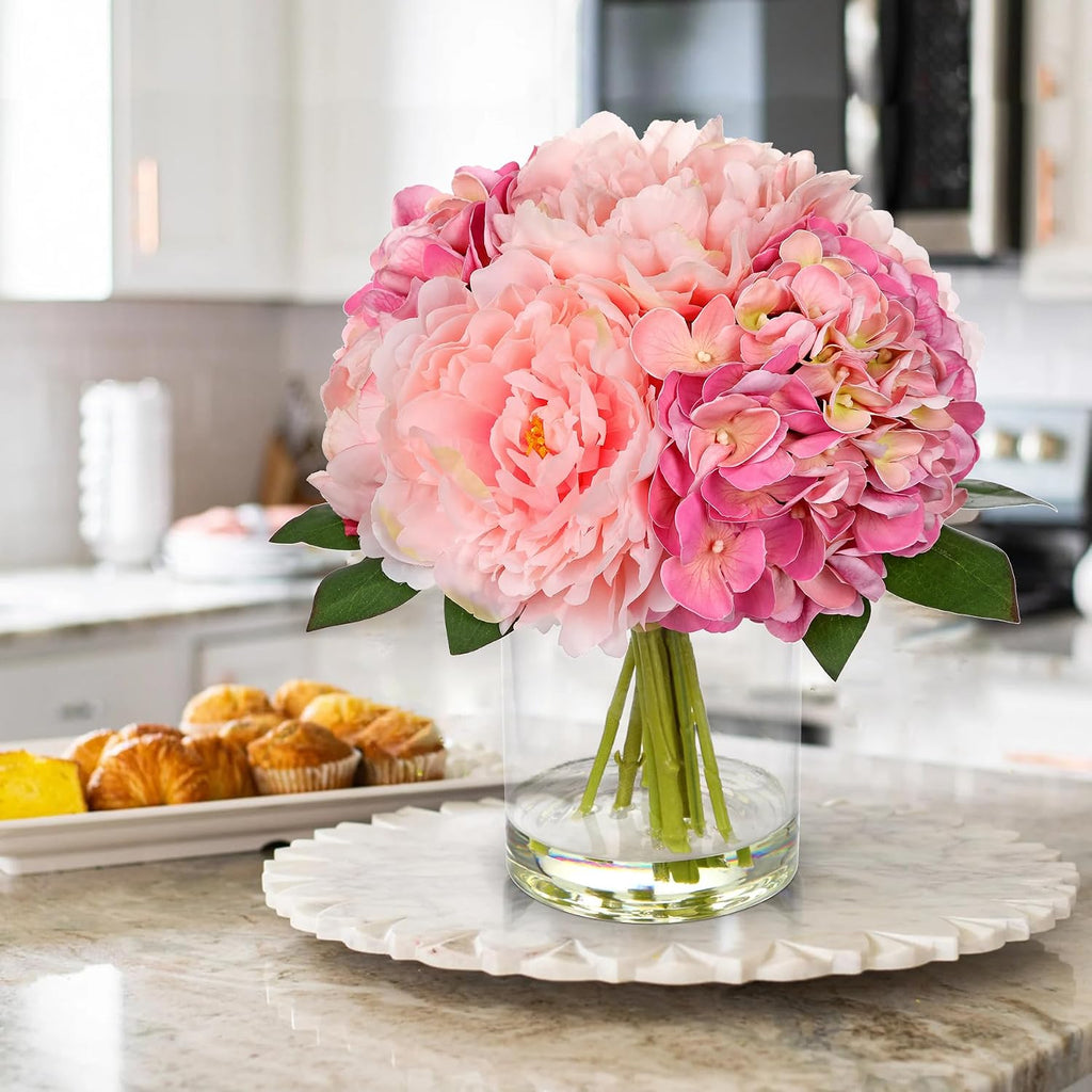 Pink Hydrangea Peonies Artificial Flowers Real Touch Fake Flowers Arrangements in Vase with Faux Water Peony
