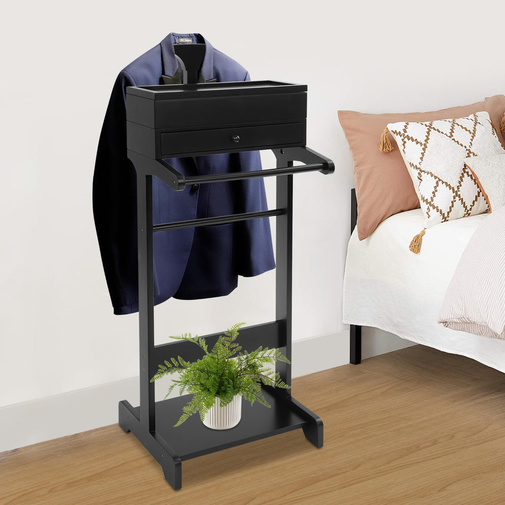 Wooden Valet Stand for Men, Black Suit Valet Stand with Drawer, Suit Rack, Shoe Shelf, Valet Clothes Stand Clothing