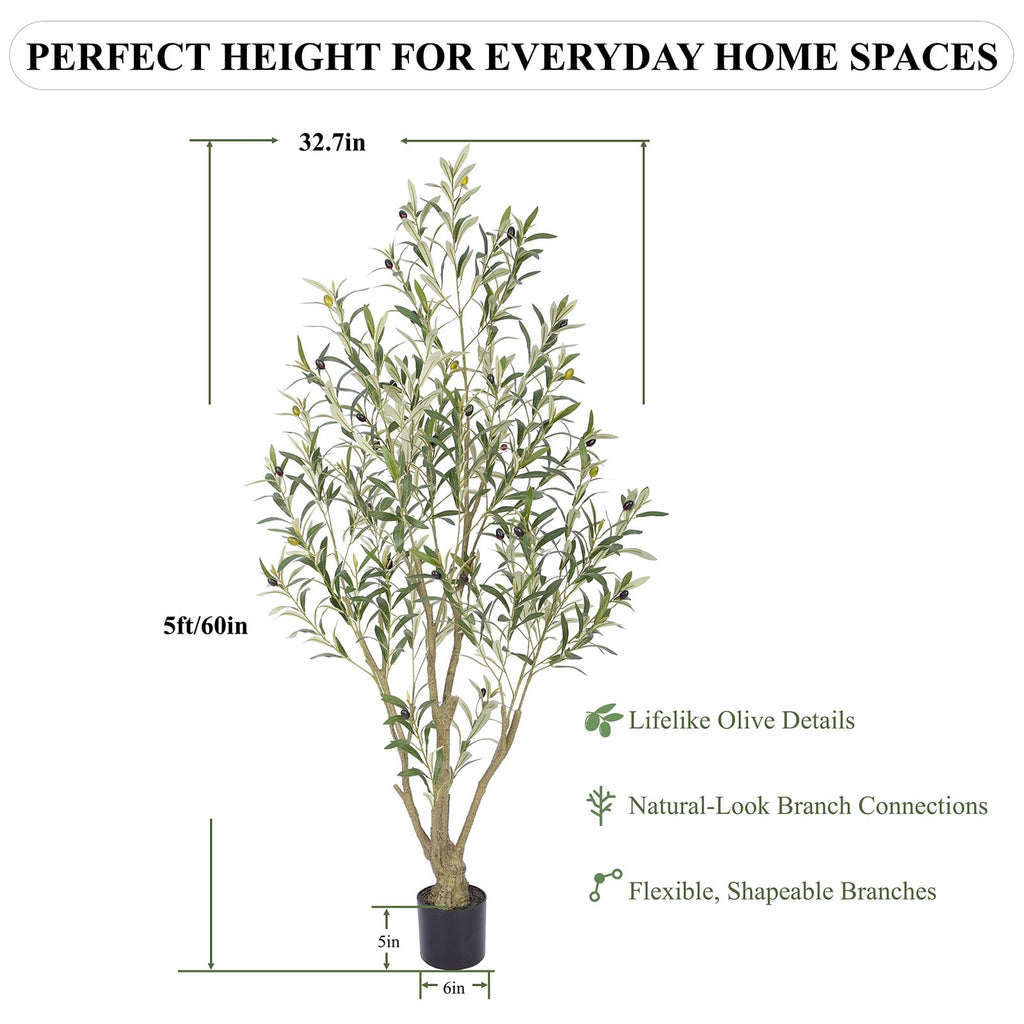 Tall Faux Olive Tree, 5ft(60in) Realistic Potted Silk Artificial Indoor with Green Leaves and Big Fruits Living Room