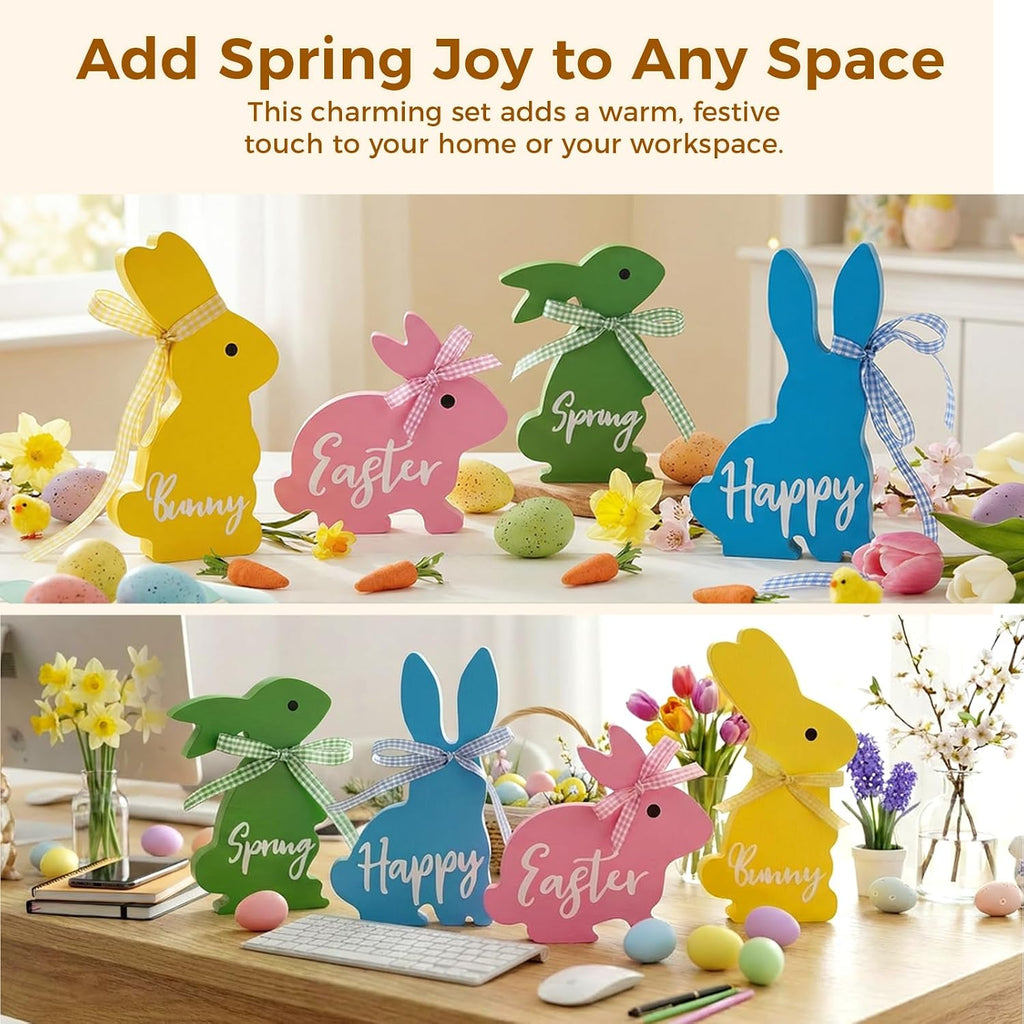 Easter Decor, Bunny Spring Easter Decorations Table, 5~6.4 Inches Wood Rabbit Easter Decorations Sign - Set of 4