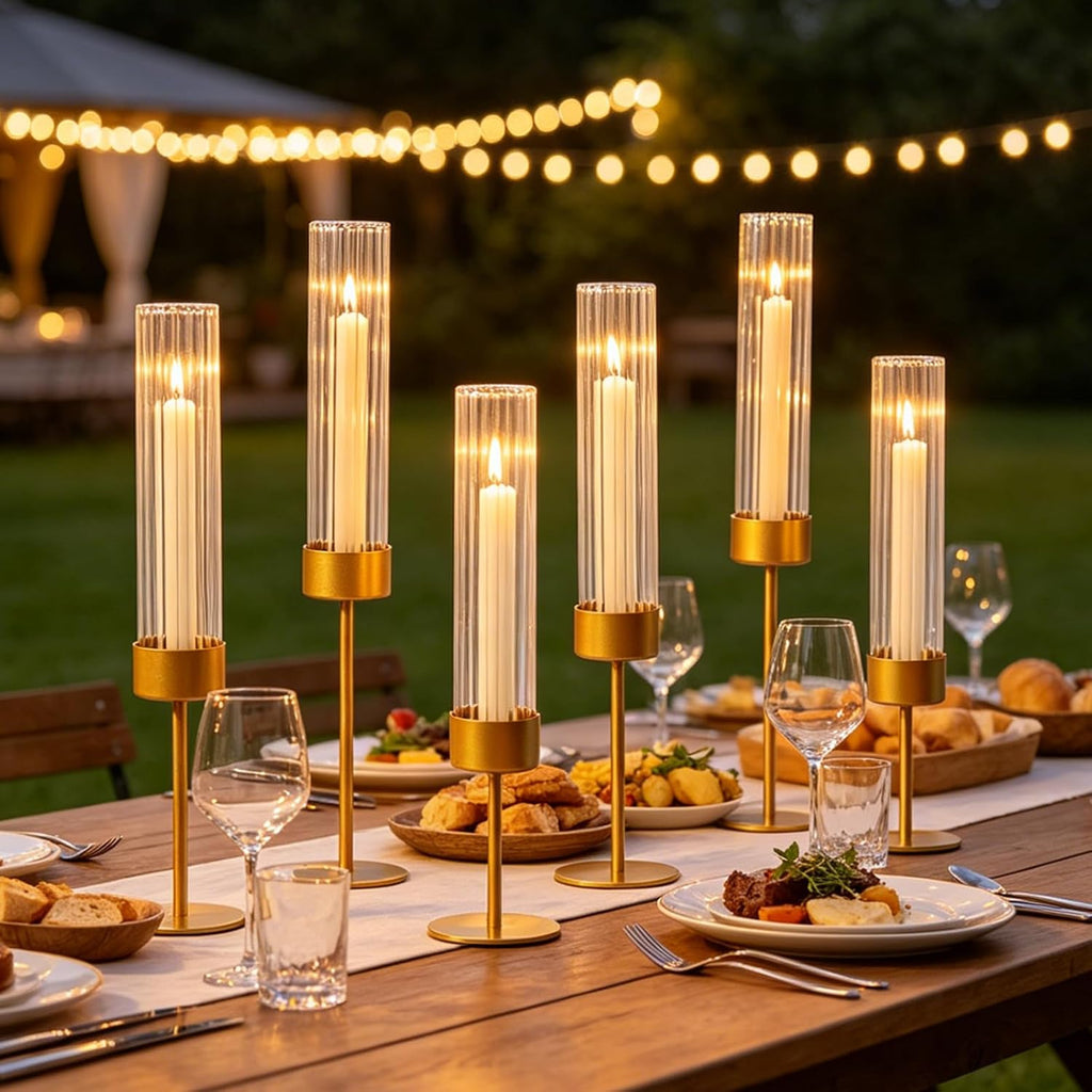 Gold Glass Hurricane Taper Candle Holders Bulk Set of Tall Ribbed Glass Cylinder Candlestick Holders for Wedding