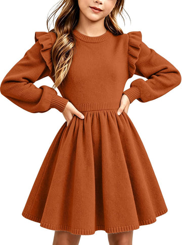 Girls Sweater Dress 2026 Midi Fall Winter Warm Long Ruffle Sleeve Round Neck Casual Pleated Teen Dresses