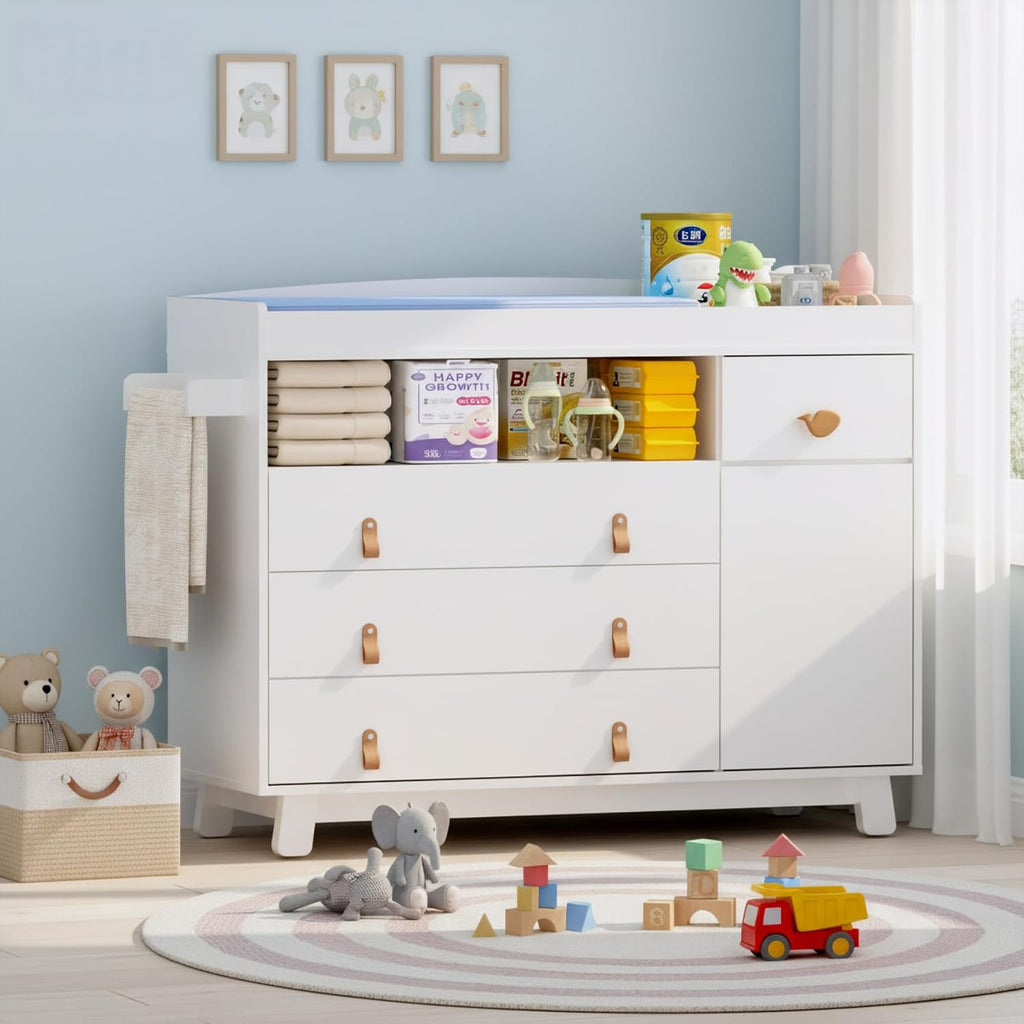 Baby Dresser with Changing Table Top, Baby Changing Table Dresser with 4 Drawers and Adjustable Shelves