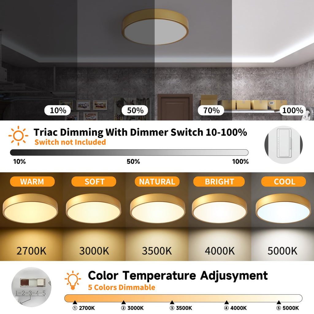 HLightnet Flush Mount Ceiling Light Gold LED Dimmable 5CCT 12 Inch 24W