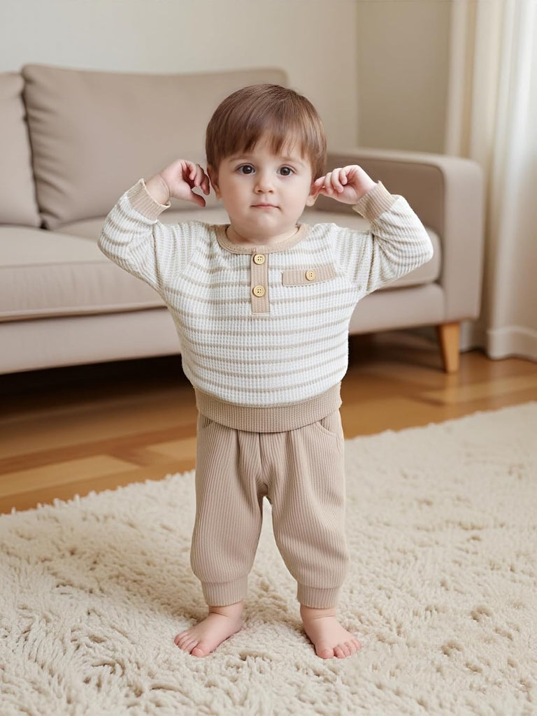 Baby Boy Fall Outfits Waffle Striped Toddler Boy Sweatshirt Pullover Tops Pants Infant Baby Fall Winter Clothes