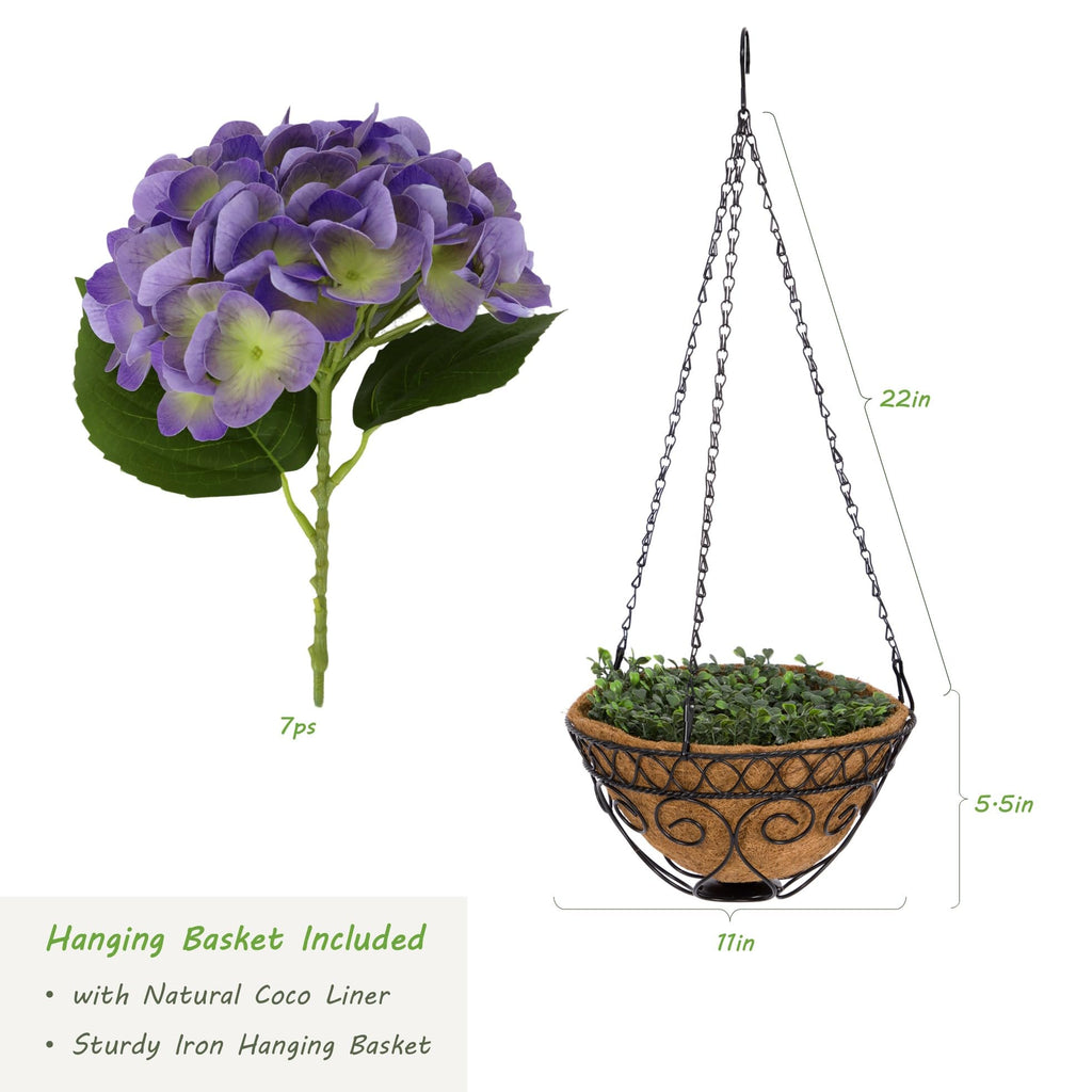 2 Pack Hanging Purple Hydrangea Artificial Flowers with 11in Basket, Outdoor Faux Silk Hydrangea Flowers, Real Touch