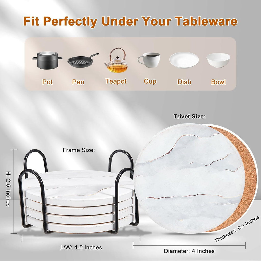 6-Pcs 4'' Ceramic Marble Style Trivet with Holder, Absorbent Trivets for Hot Dishes, Cork Bottom Anti-Slip Trivet