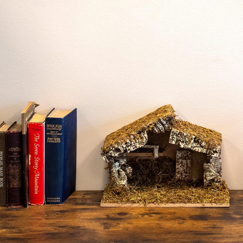 Nativity Stable Creche for Christmas Nativity Scene Wood with Moss 12" x 7" x 9" Handmade in Italy