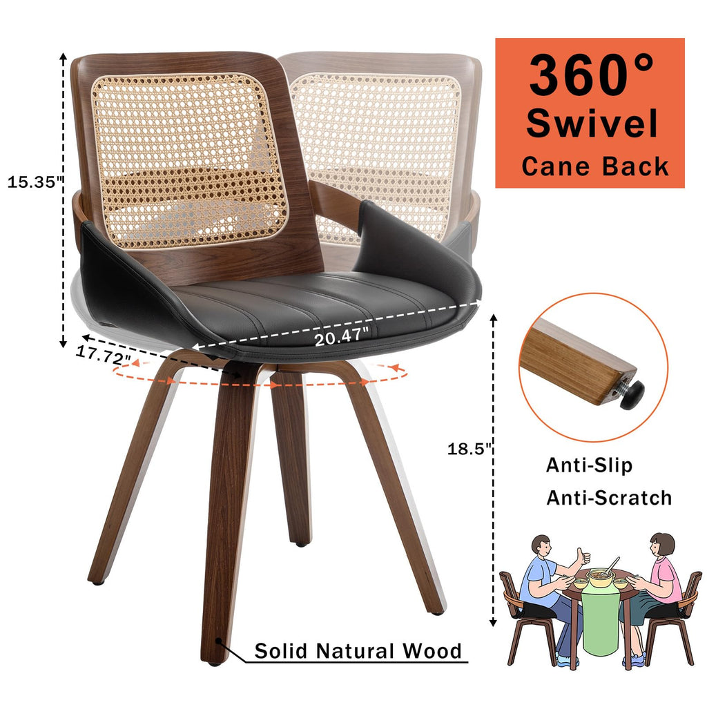 Set of 4 Kitchen & Dining Room Chairs - Swivel Dining Chairs with Cane Back, Walnut Bentwood Frame, Faux Leather