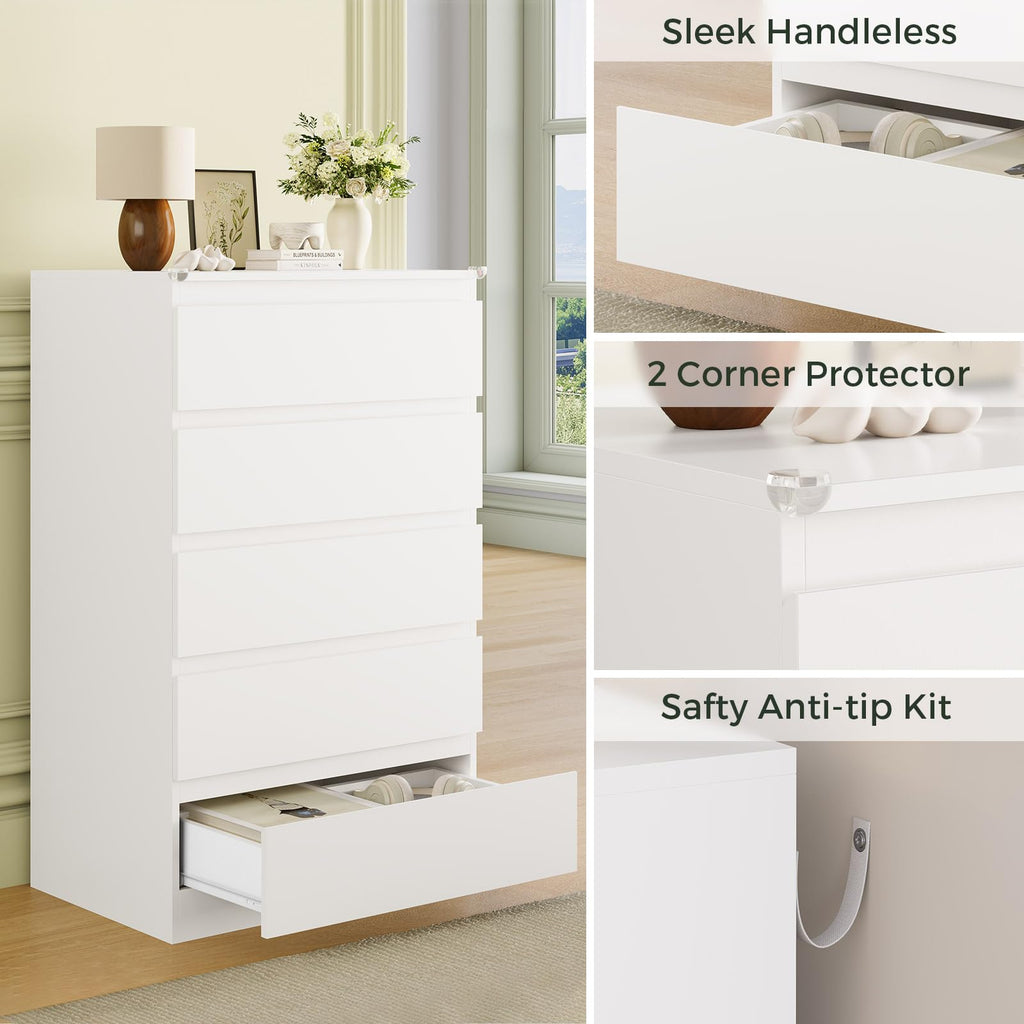 White Wood, 5 Drawer for Clothes Storage