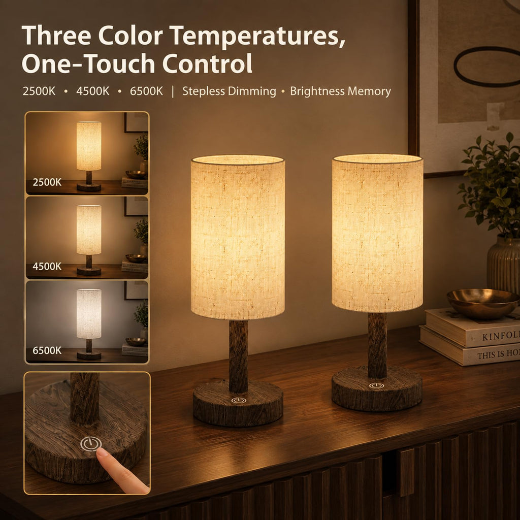 Small Rechargeable Cordless Table Lamp, Nightstand to Desk, Dark Walnut