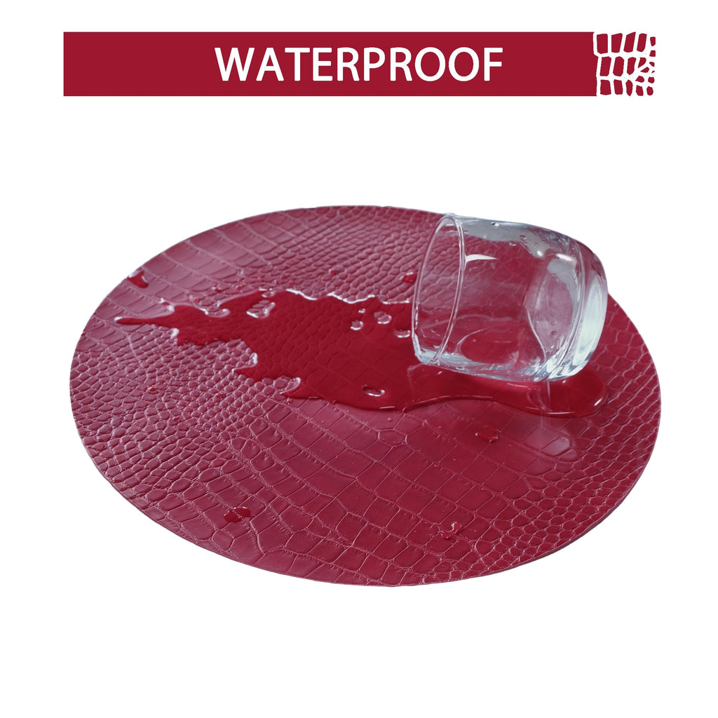 Round Leather Placemats for Round Tables Set of 8, Red Place Mats and Coasters, Wipeable Waterproof Heat Resistant