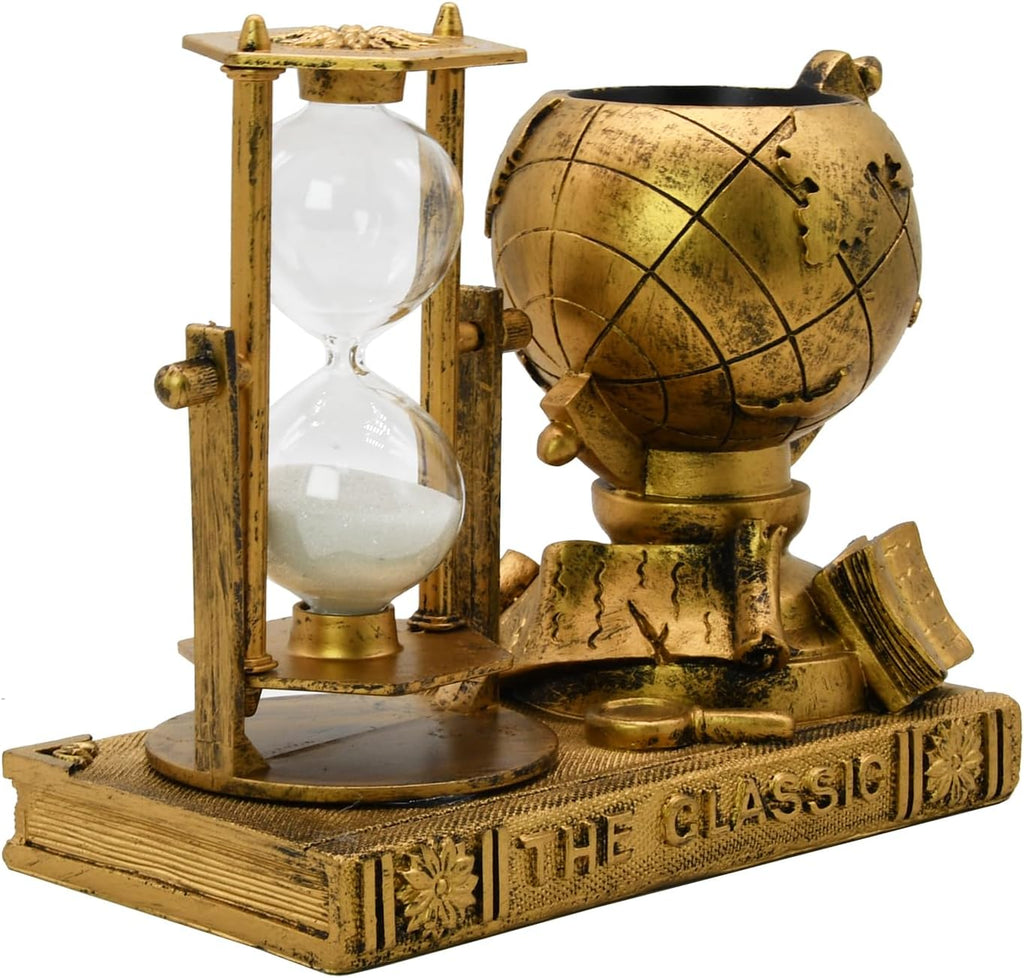 Globe-Themed Pencil Holder with Hourglass, Resin Desktop Organizer & Study, Pen Holder with Sand Timer, Classic Globe