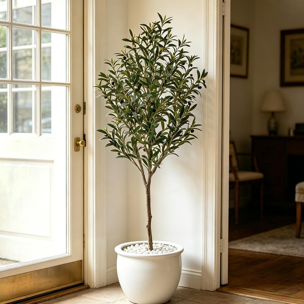 6FT Artificial Olive Tree, Lifelike Large Faux Silk Plant with Realistic Wood Trunk Perfect Floor Plant and Corner