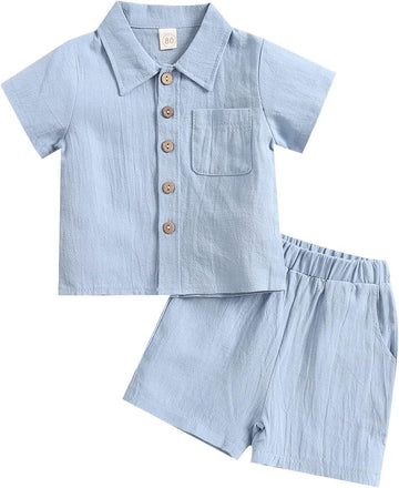 Toddler Baby Boys Clothes Set Button-Down Shirt Tops + Cotton Linen Shorts Summer Outfit 2PCS with Pockets