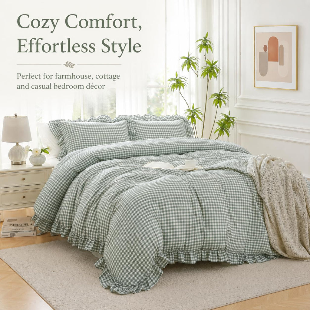 Dusty Green Gingham Ruffle Duvet Cover Set