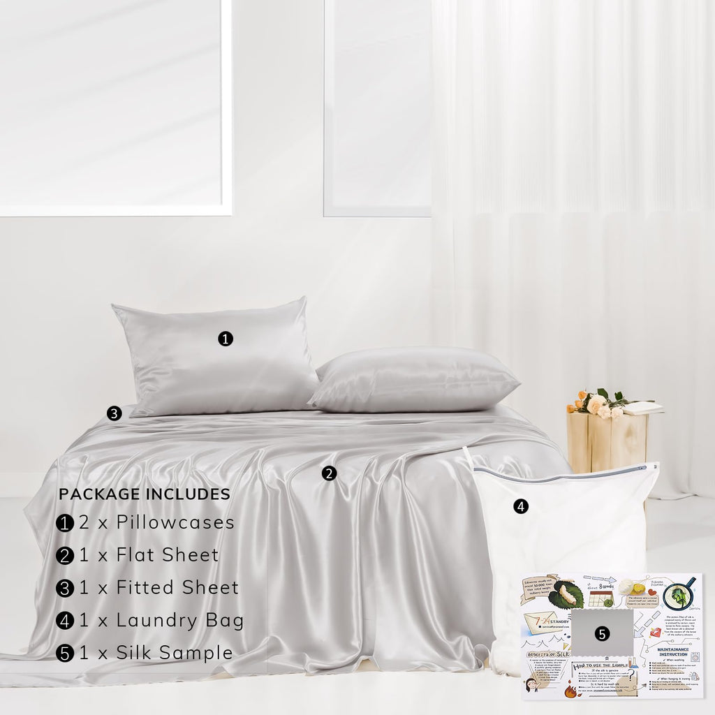 100% 23 Momme Mulberry Silk Sheets King Set 4pcs, Light Grey