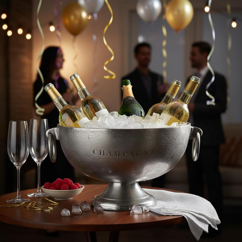 Elegant Large Champagne Ice Bucket on Stand | Nickel Plated Aluminum Wine Cooler with Side Handles, Vintage Style