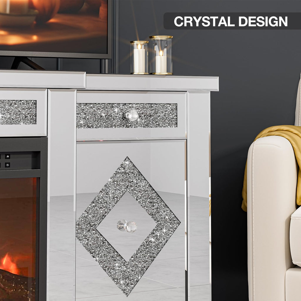 Mirrored TV Stand with Fireplace, 2 Drawers & Cabinets for 65"+ TVs