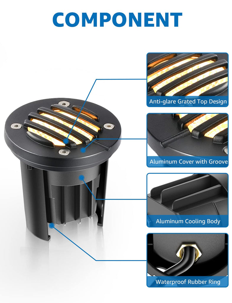 12W 3000K LED Low Voltage Landscape Well Lights, Grated Top