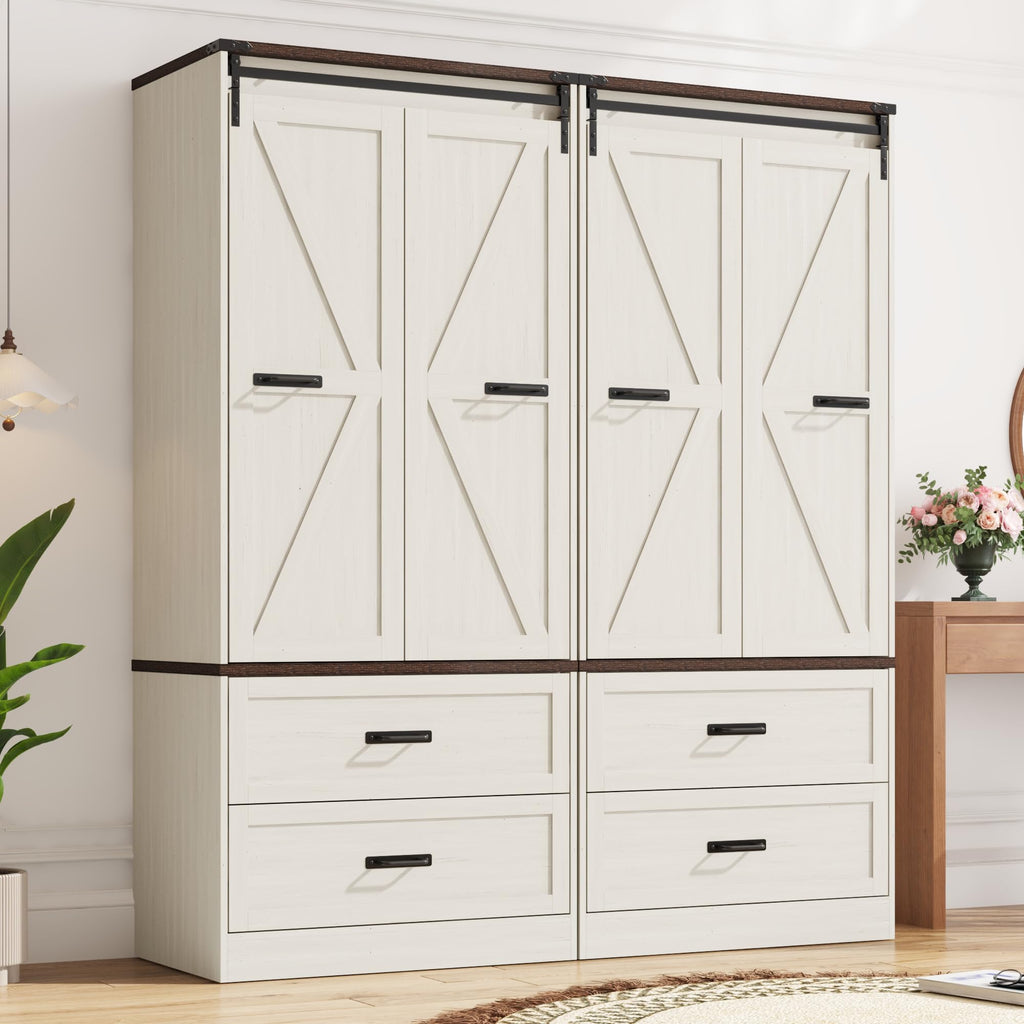 Farmhouse Wardrobe Armoire Closet with 4 Doors and 4 Drawers, Antique White