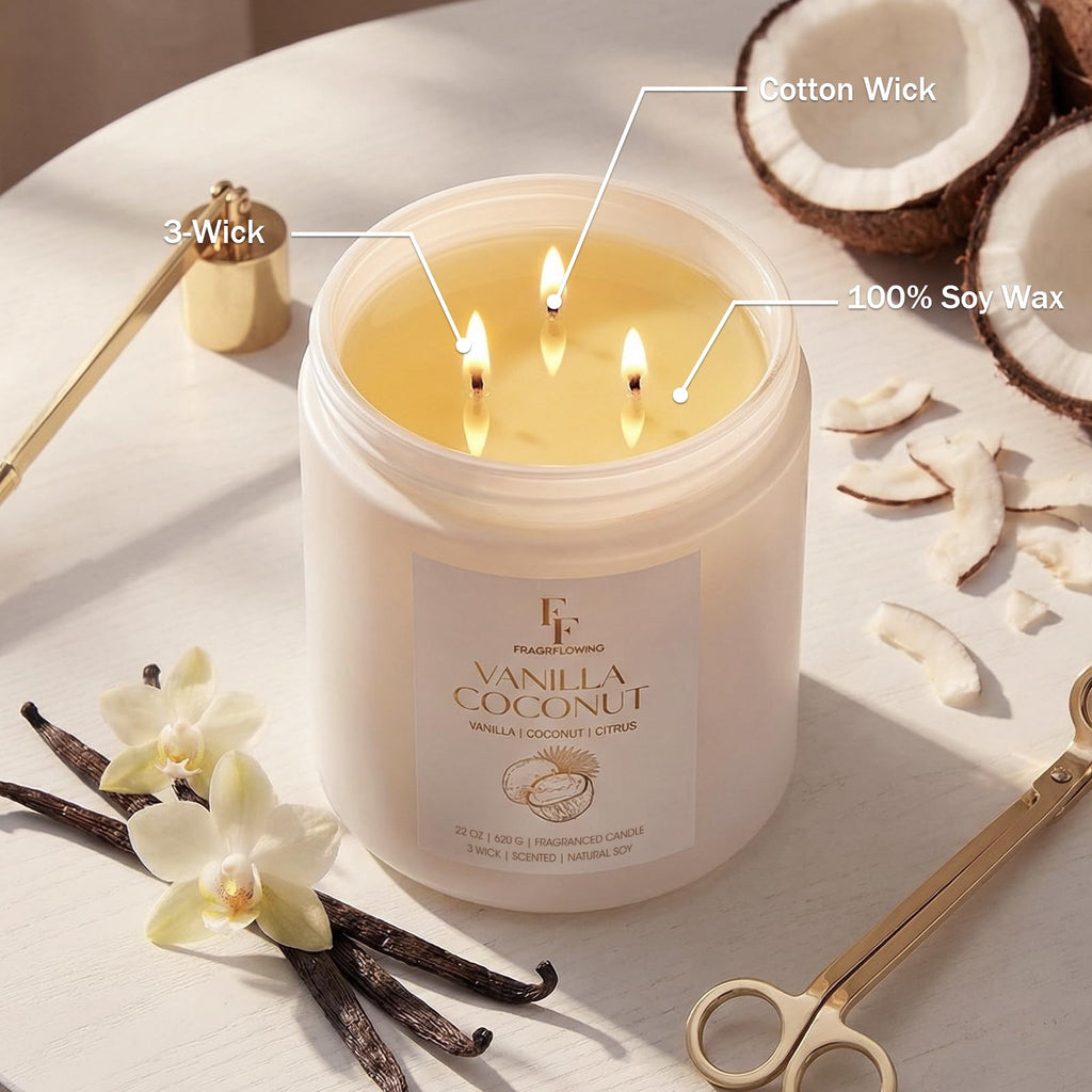 Vanilla Coconut Large Scented Candle, 3-Wick 22oz Long Lasting Scented Candle, Natural Soy Wax Aromatherapy Candle