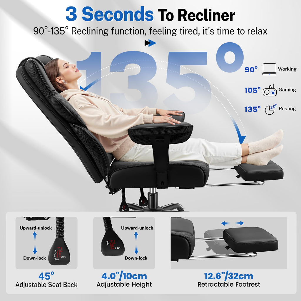 Big and Tall Office Chair 500lbs - Ergonomic Desk Chair with Footrest, Scratch-Resistant PU Leather Computer Chair