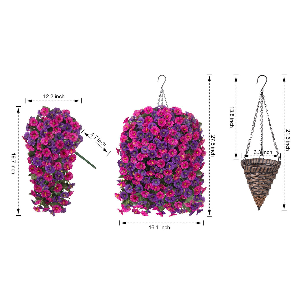 Artificial Fake Hanging Flowers in Basket for Outdoor Indoor Decoration, UV Resistant Faux Silk Dark Purple and