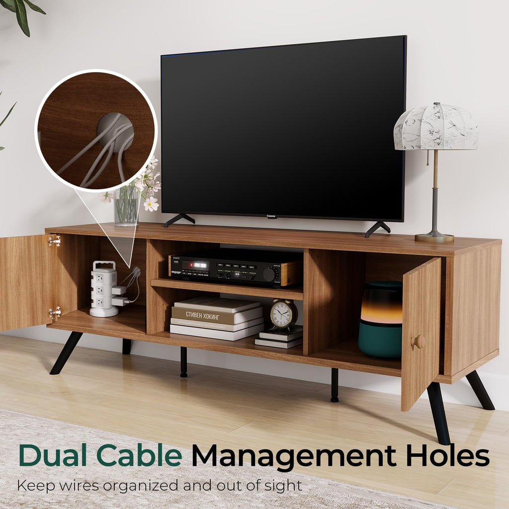 TV Stand, Mid Century Modern Entertainment Center for 55/60/65 Inch TVs, Retro Brown TV Console with Fluted Door