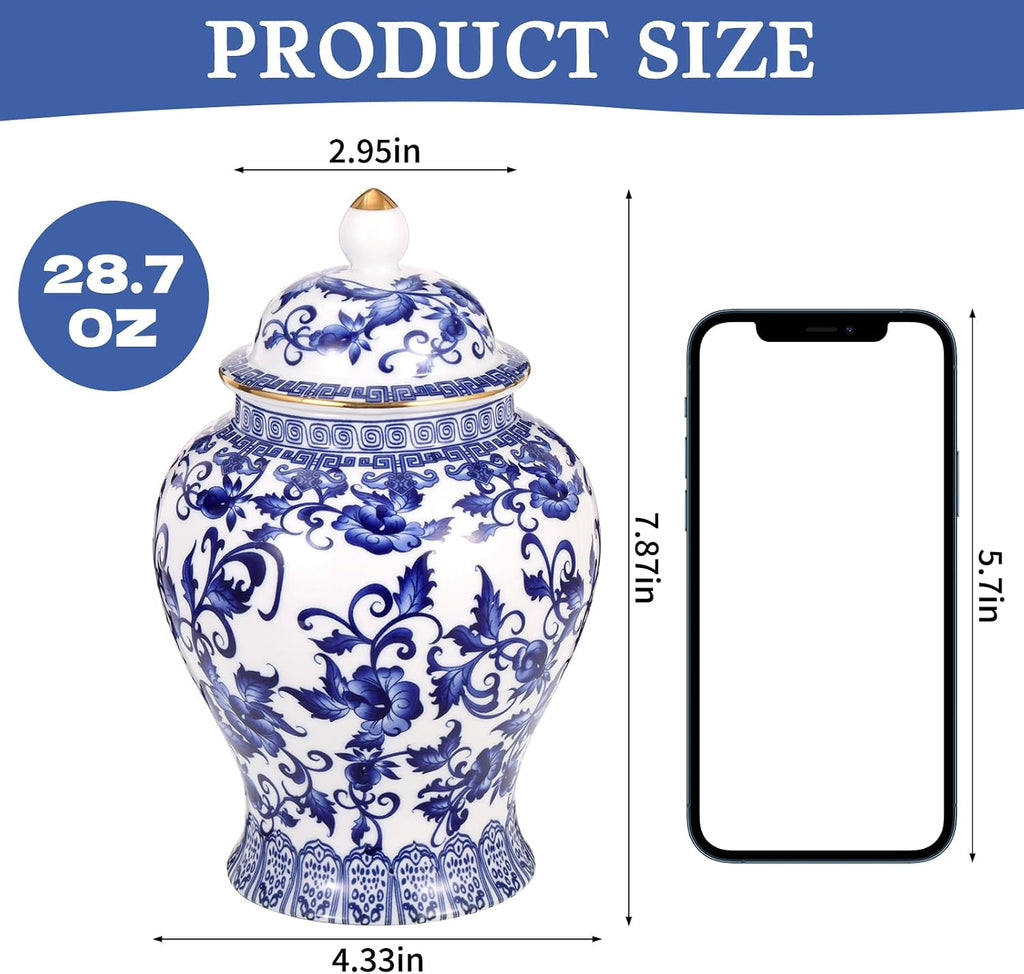 Chinoiserie Ginger Jar with Gilt Edges,7.87 Inch Ceramic Blue and White Ginger Jar with Lid,Porcelain Ginger Jars