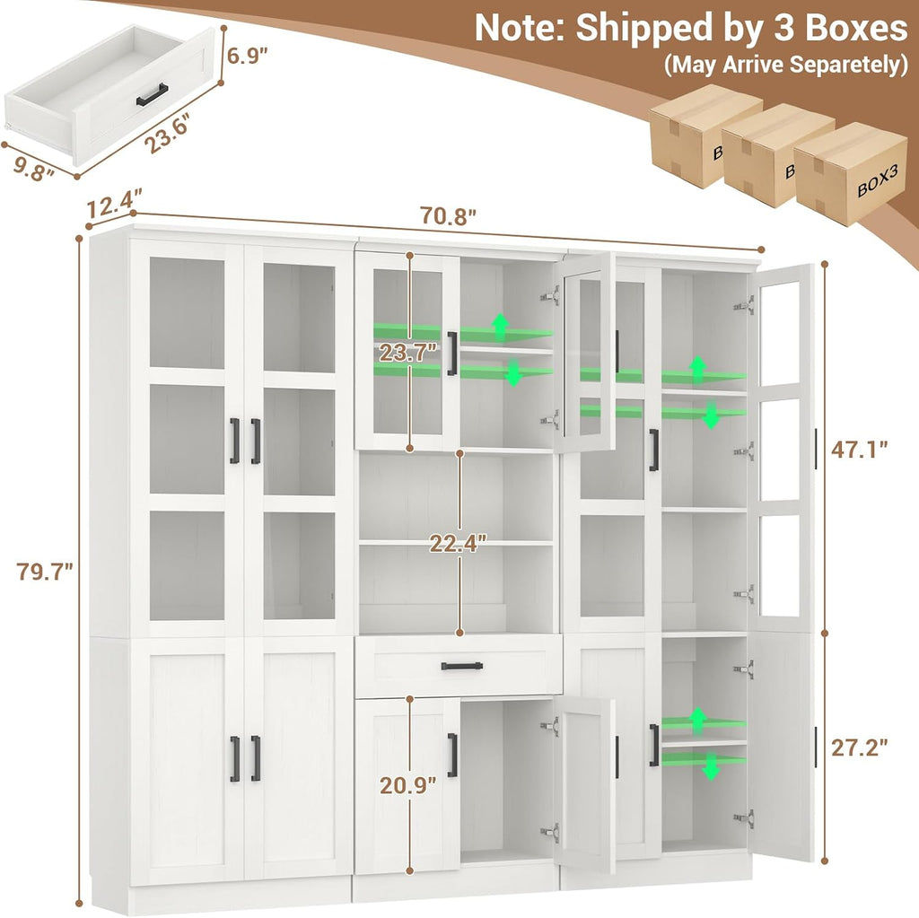 80" Tall Kitchen Pantry Storage Cabinet with Doors and Shelves | Freestanding Kitchen Hutch Pantry Cabinet with Glass