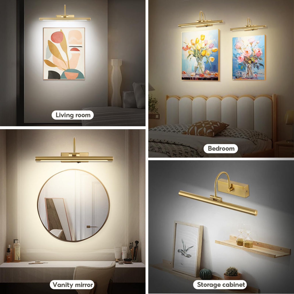 12"Picture Light for Wall Battery Operated Art Lights for Painting Brass Wireless LED Picture Lighting 3CCT Dimmable