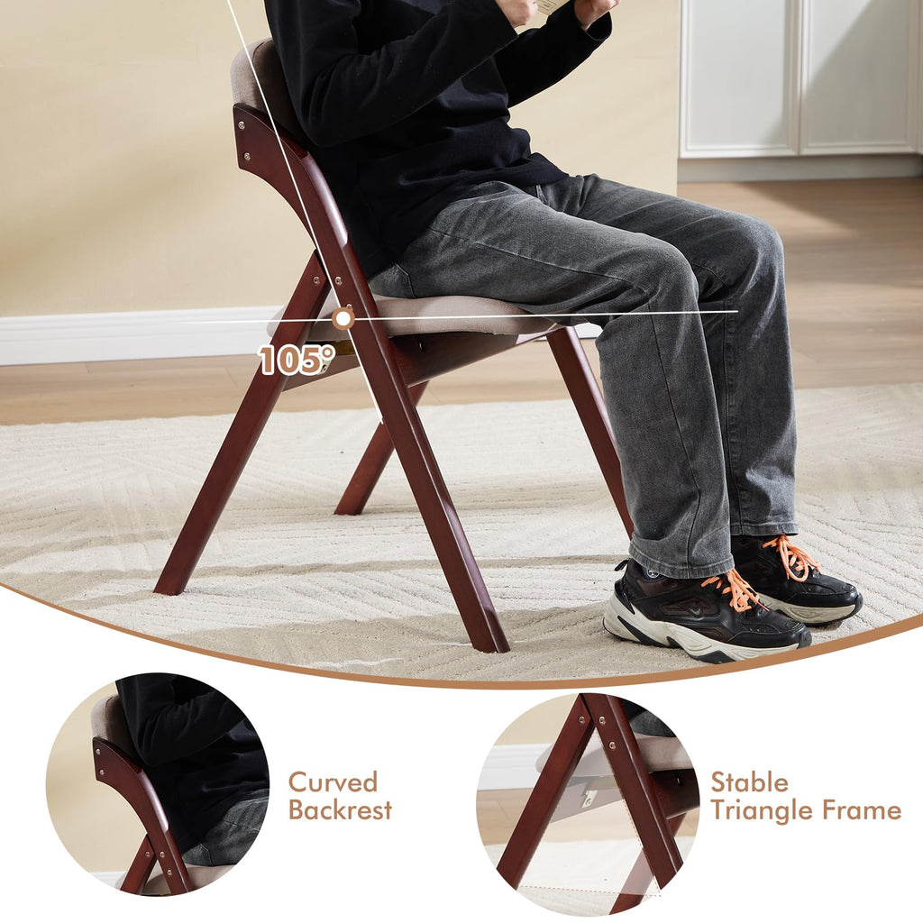 Folding Chairs with Cushion Set of 2, Linen Padded Foldable Dining Chairs, Walnut Wood Folding Dining Chairs