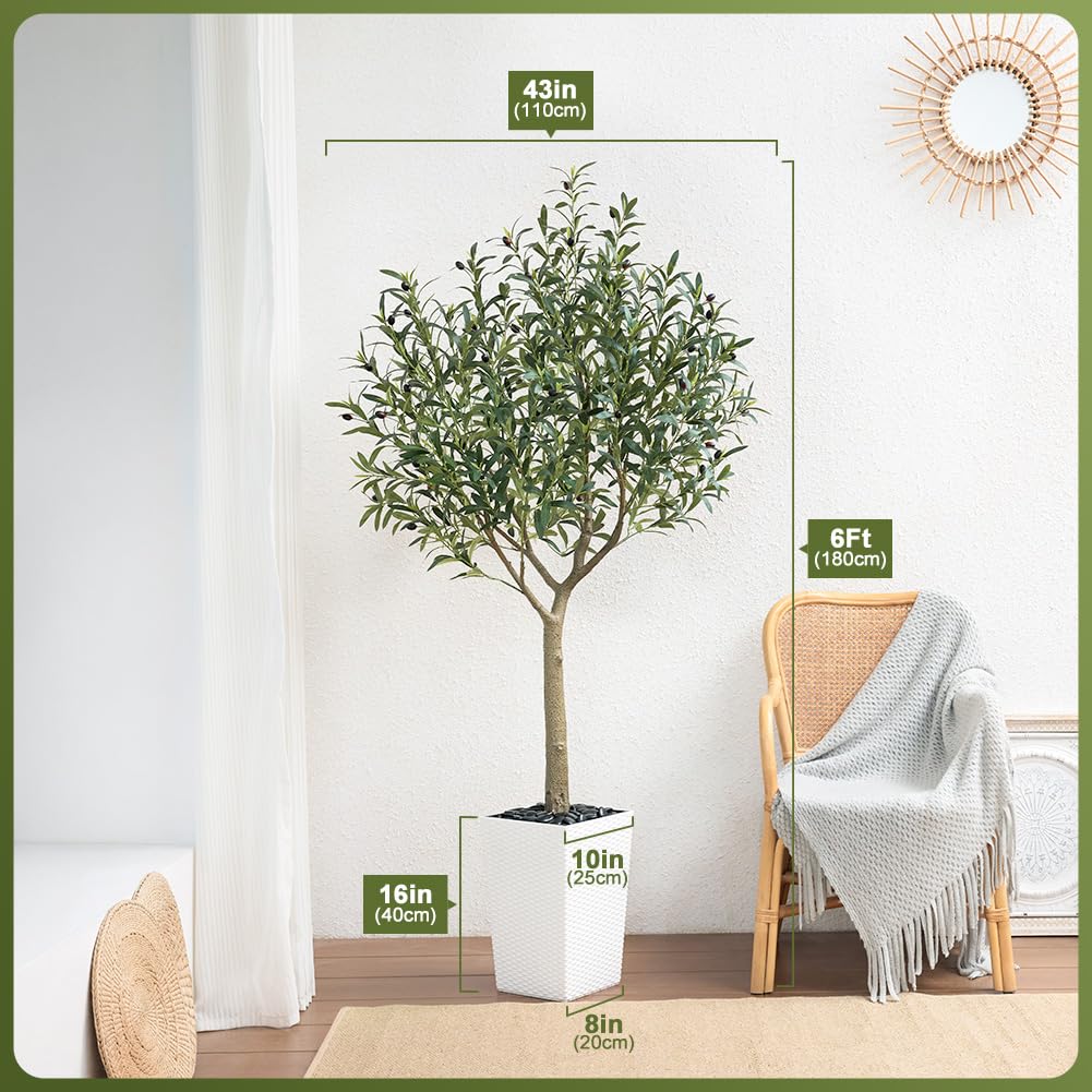 Artificial Olive Tree 6FT, UV Resistant Tall Fake Tree Indoor Outdoor with White Taper Planter & Pebbles - Potted