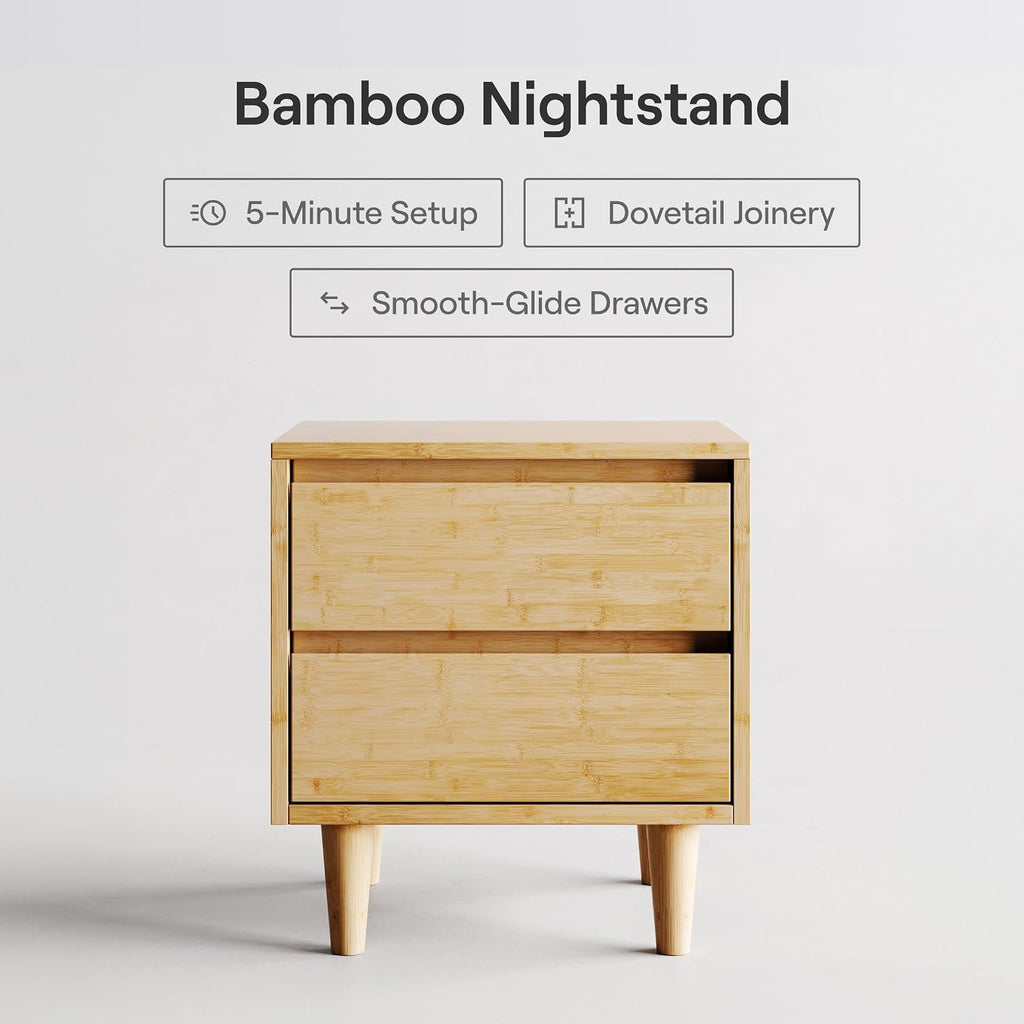 Bamboo Nightstand with Japanese Joinery, 23" Height, 2 Smooth-Gliding Dovetail Drawers, No-Tool Assembly, Natural