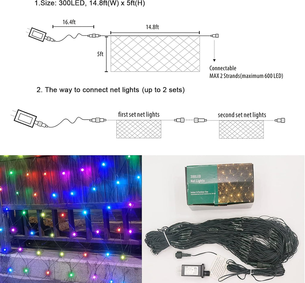 300 LED Christmas Net Lights, 14.8ft x 5ft Mesh Lights Outdoor 8 Modes Green Wire, Waterproof Connectable String
