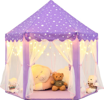 Purple Princess Tent for Girls, Kids Play Tent with LED Small Star Lights, Castle Playhouse Tent for Children Indoor