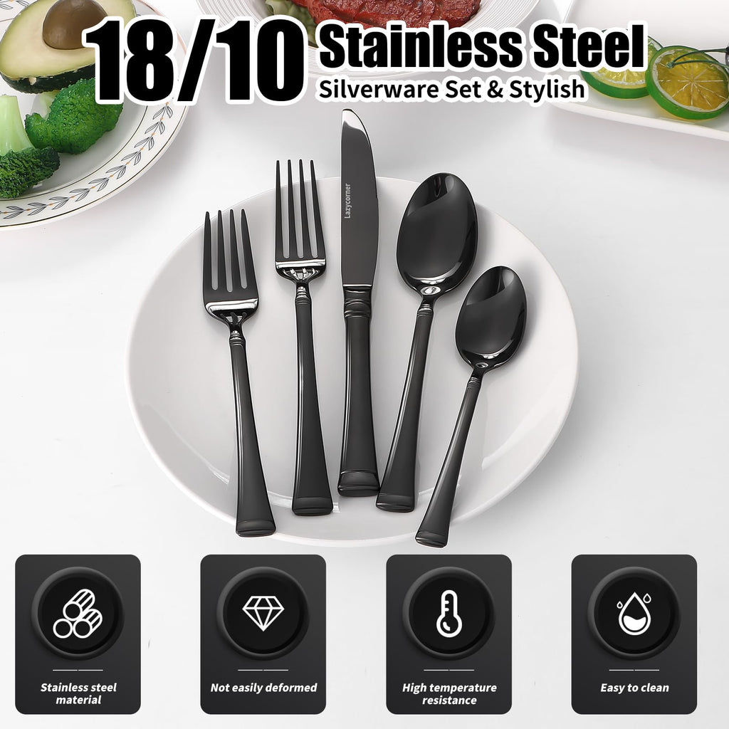 Black Silverware Set,Service for 4,18/10 stainless steel Flatware Set,Mirror Polished Cutlery Set,Dishwasher