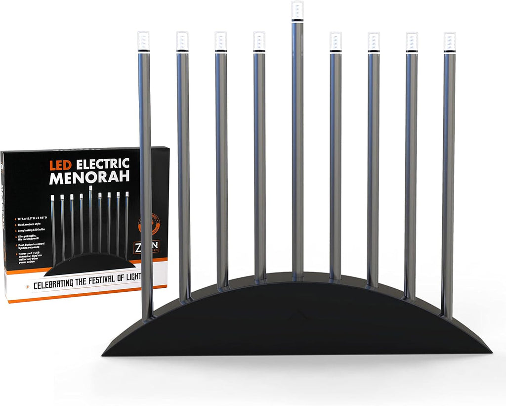 Zion Judaica Large LED Electric Hanukkah - New Classic Black & Silver Arch Style Hanukkiah 14" Wide x 12.5" Tall