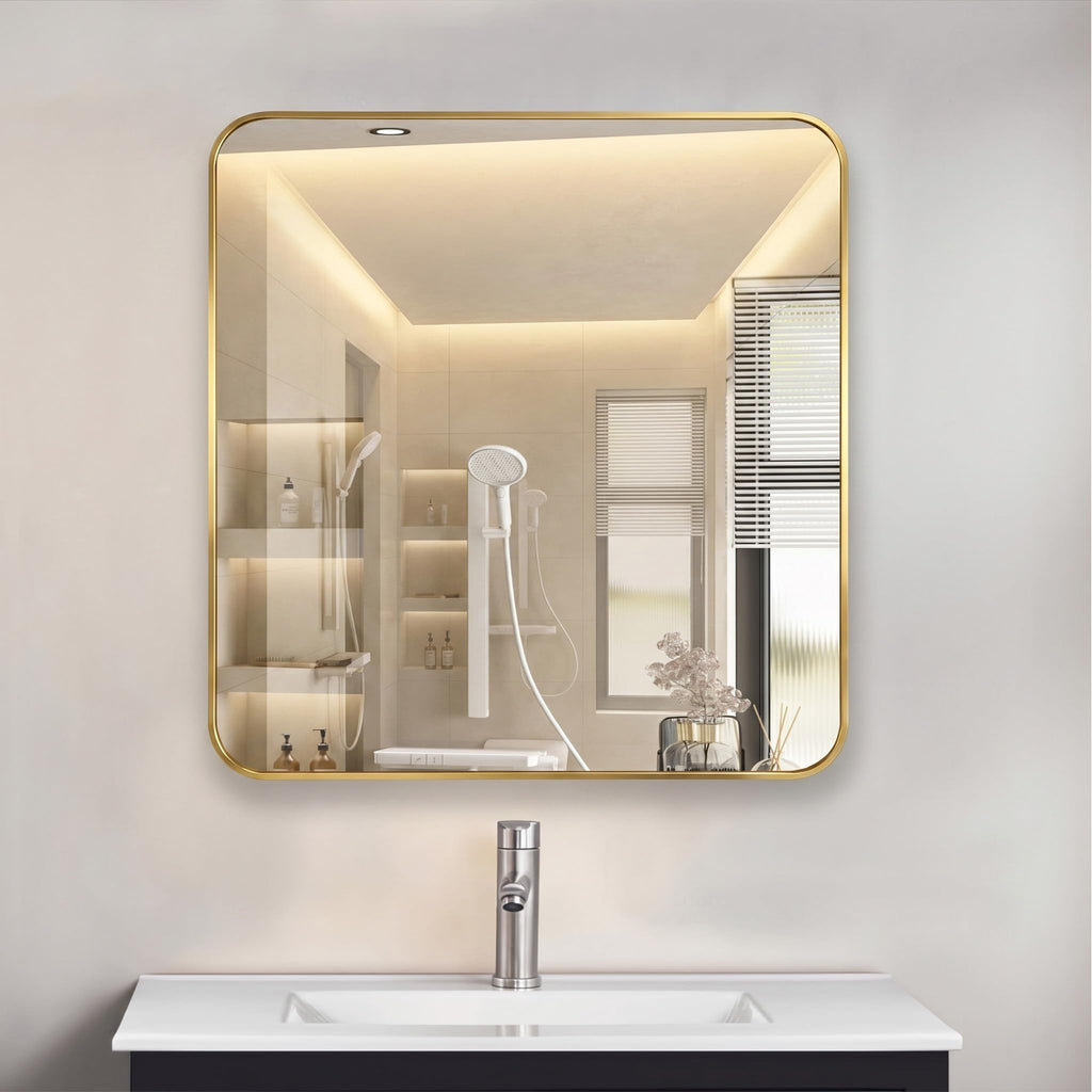 24" x 24" Bathroom Medicine Cabinet with Mirror Door, Brush Gold Stainless Steel Frame, Recessed or Surface