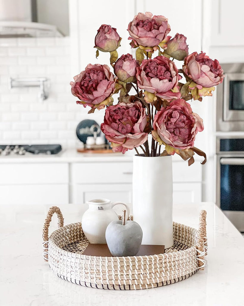 Artificial Dried Look Fall Peony Flowers 27.5in Tall Dusty Pink Vintage Silk Peony Bouquet Realistic Fake - Set of 3